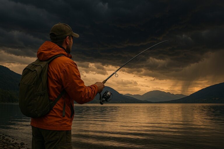 Fishing on a mountain lake just before a storm