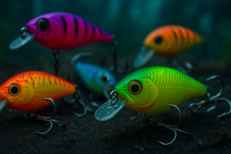 Colorful fishing lures displayed against an aquatic backdrop, featuring a neon green lure in the center surrounded by other vibrant lures with sharp silver hooks, illuminated by soft underwater light.