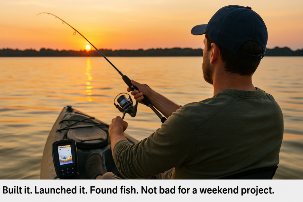 A satisfied angler at sunset, casting off a kayak with a small DIY fish finder setup in view