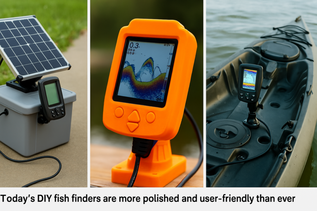 A split-screen of different DIY builds—solar panel setup, 3D-printed casing, kayak mount