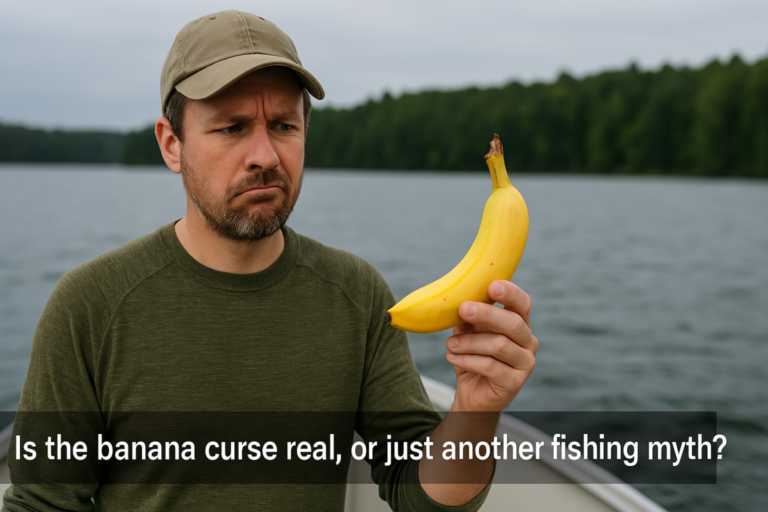 A photo of a fisherman looking skeptical while holding a banana on a boat
