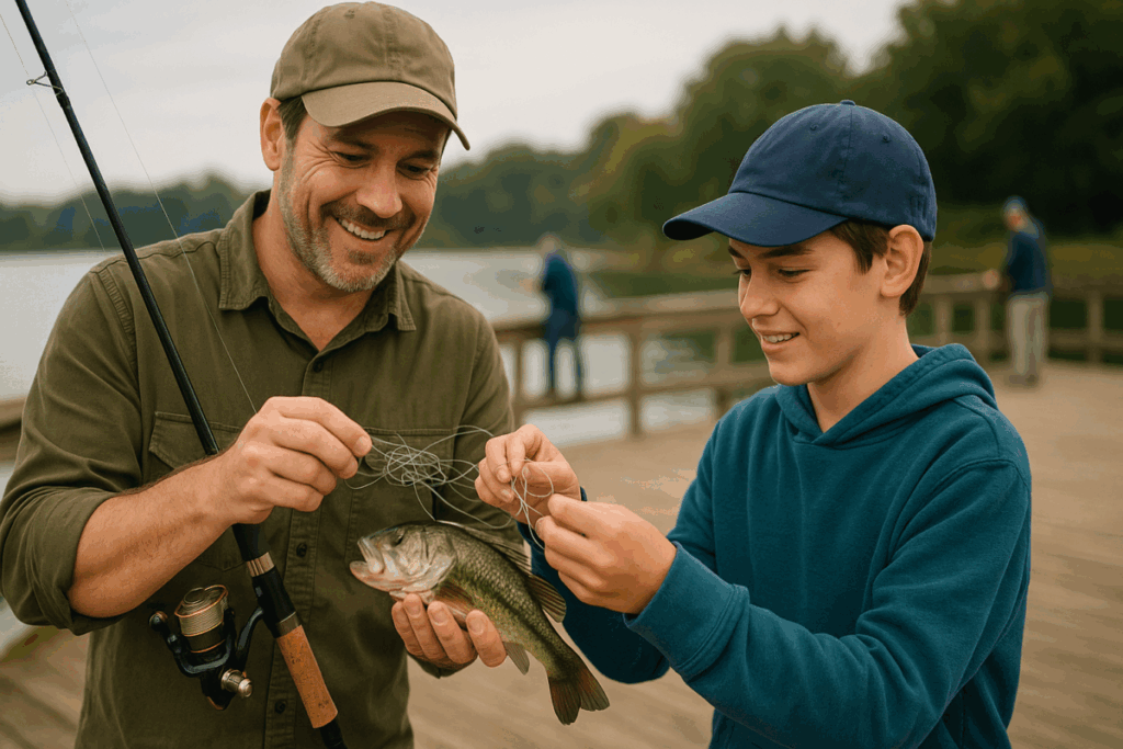 An experienced angler smiling while helping a younger fisherman untangle a fishing line on a wooden public pier, showing community and camaraderie
