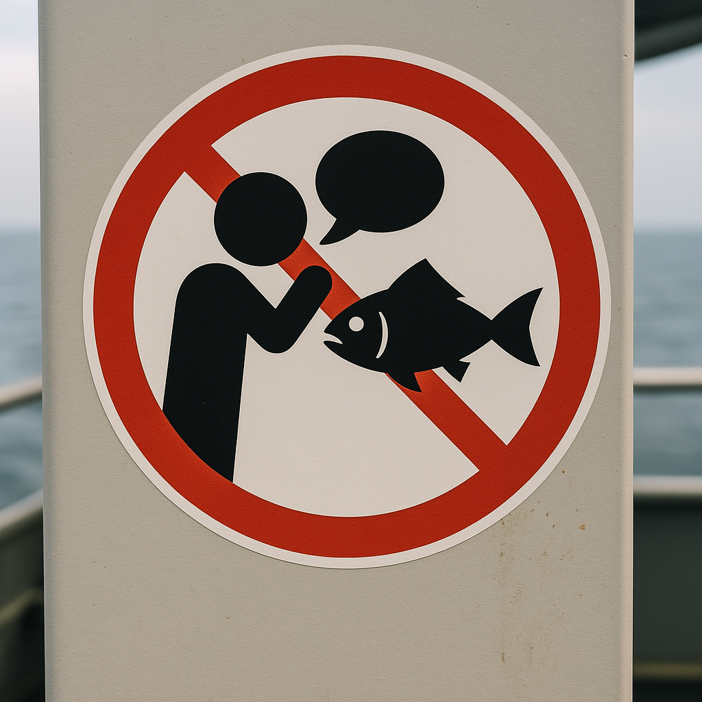 A "no talking about fish" sign on a boat