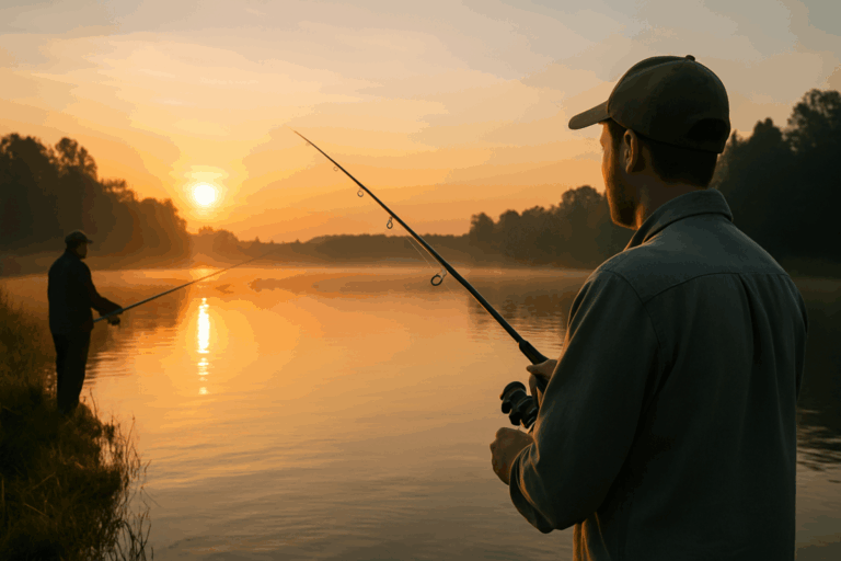 Lakeside at sunrise with anglers fishing from shore and boats, practicing good fishing etiquette by keeping a respectful distance