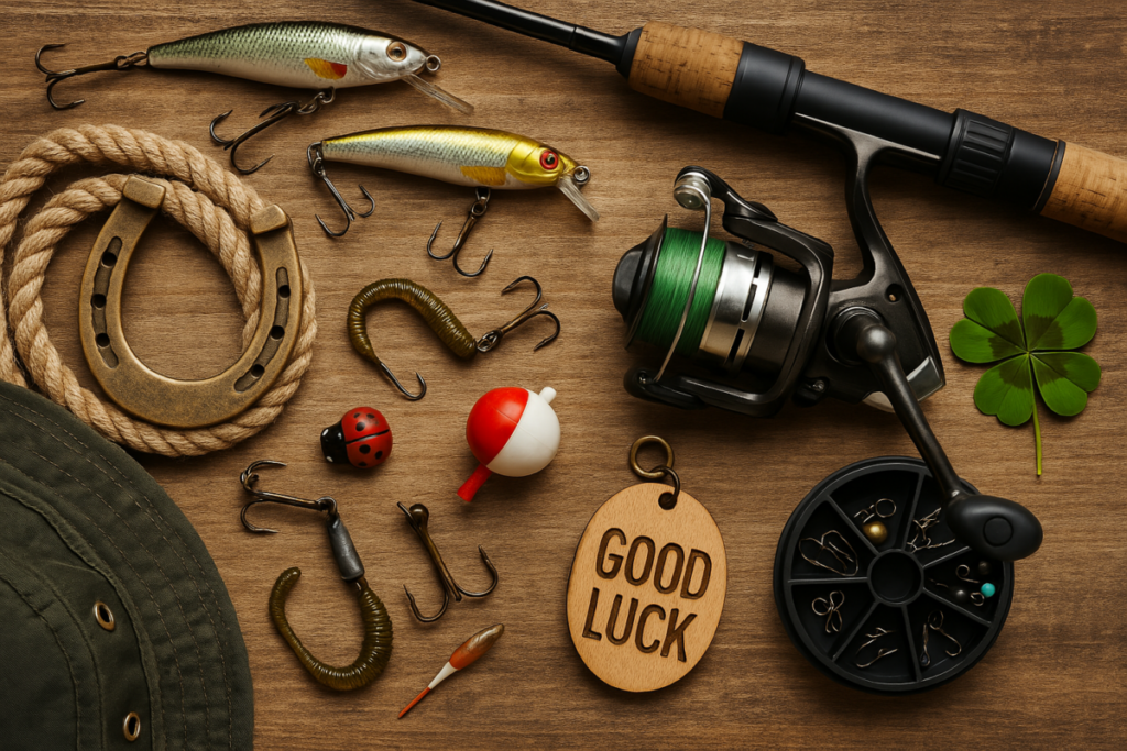 A collage of fishing gear with lucky charms and traditional trinkets