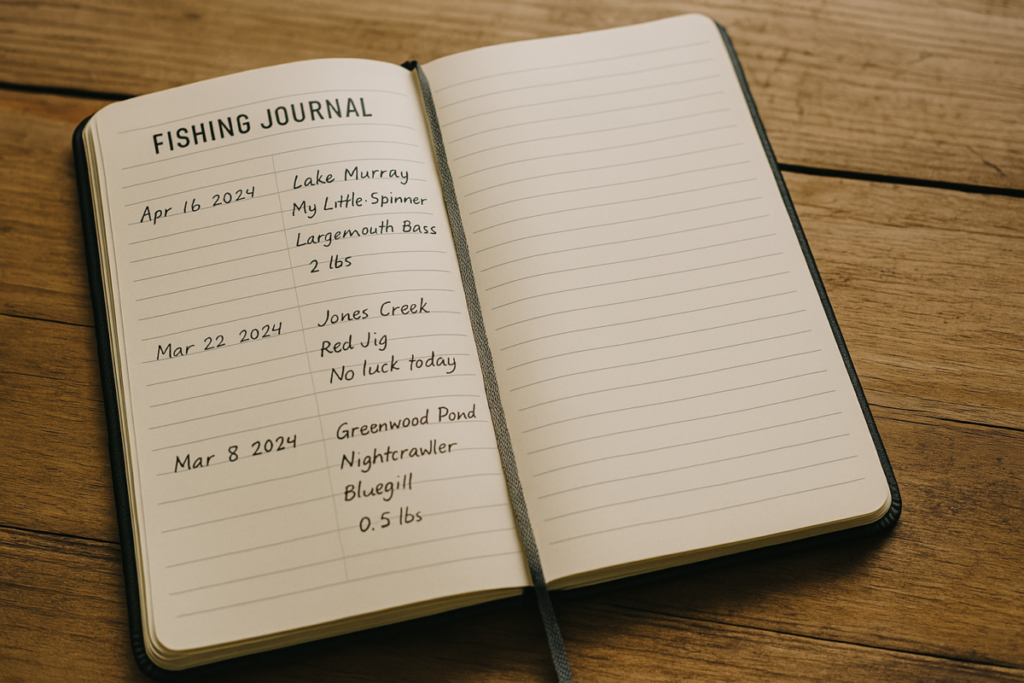 A well-maintained fishing journal open to recent entries, symbolizing the shift from superstition to analytical reflection