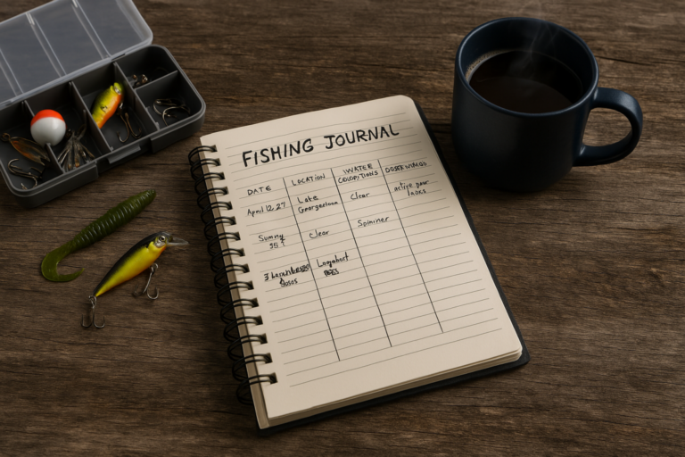 A fishing journal open beside tackle, lures, and a steaming mug of coffee, suggesting preparation for a relaxing, productive day on the water