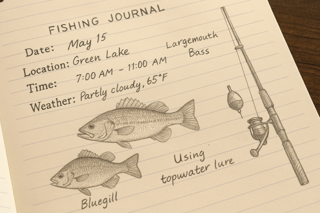 A close-up photograph of a neatly filled fishing journal page, including sketches and notes.