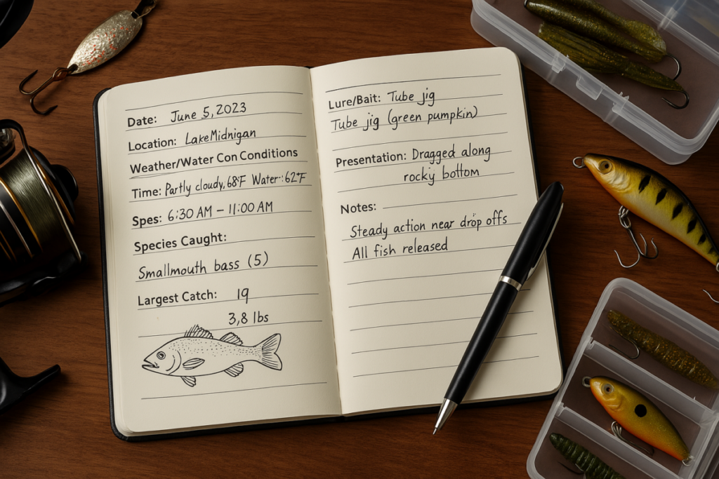 An open fishing journal page neatly filled out with a pen lying across it, surrounded by fishing gear