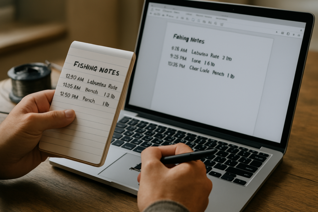 An angler reviewing paper notes beside a laptop or tablet, clearly indicating transferring written notes into a digital format