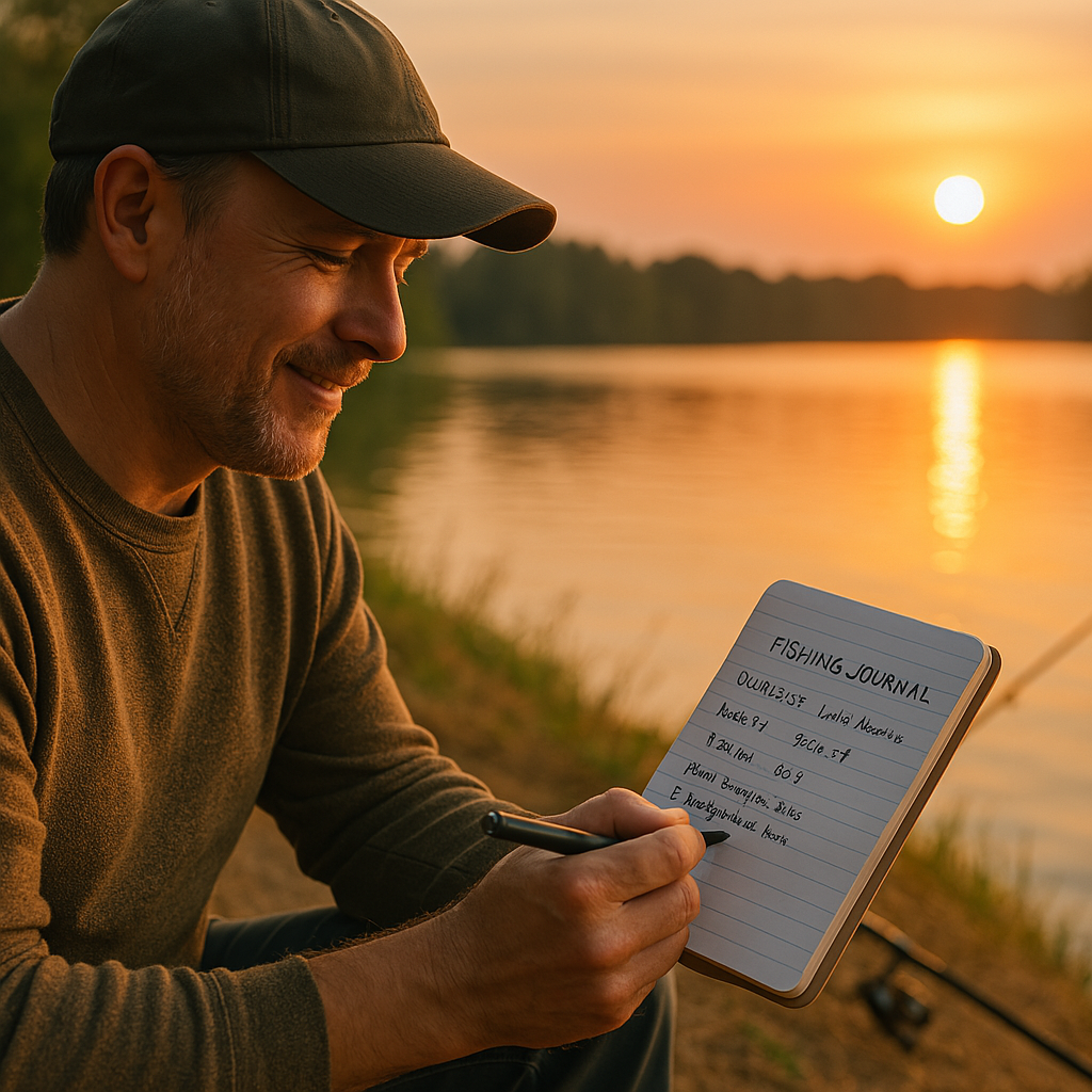 A satisfied angler reviewing their fishing journal while seated by a serene lakeside sunset.