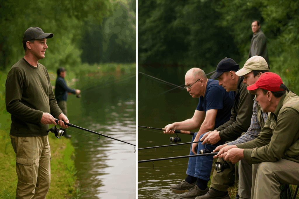 Split-screen image showing two fishing scenes: one side with anglers spaced respectfully apart, the other side crowded with overlapping lines and confusion